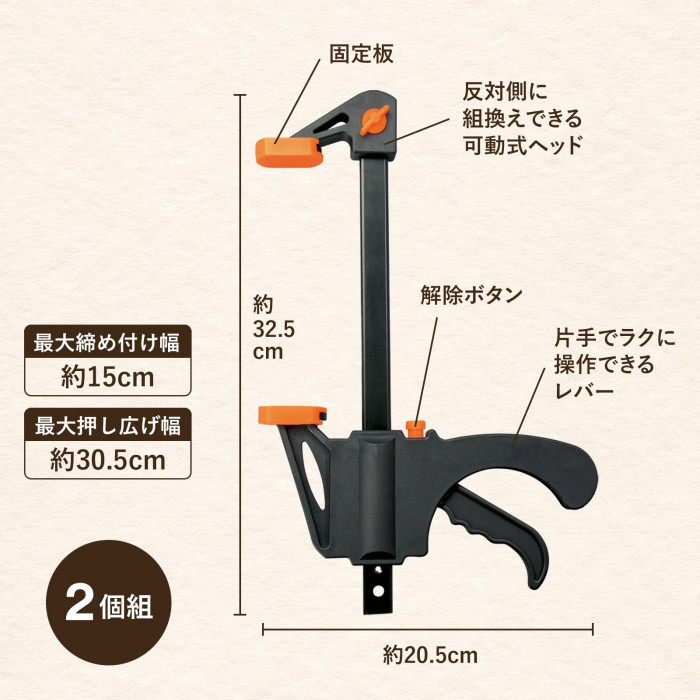 最大締め付け幅約15cm?最大押し広げ幅約30.5cm