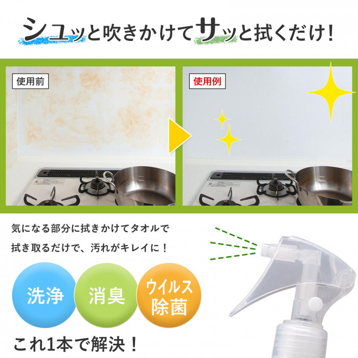 シュッと吹きかけて拭き取るだけで、洗浄、消臭、除菌ができる!