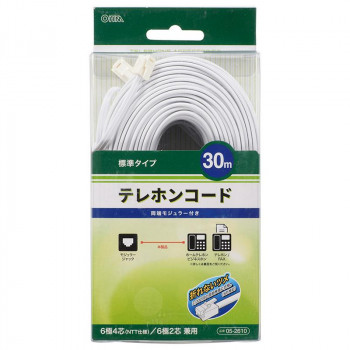 OHM テレホンコード 標準タイプ ホワイト 30m TEL-C2610W