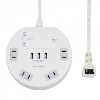 ELPA USB丸形集中スイッチ付タップ 4個口 3ポート USBポート WLS-LS402RUSB(W)