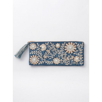 東京かんかん ビーズ刺繍横長ポーチ ブルー M42-1073BL