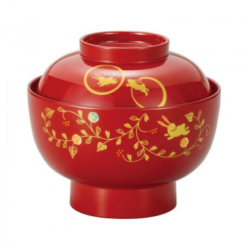 まえじゅう漆器 うさぎ唐草 雑煮椀 総朱 3T-211