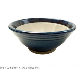 元重製陶所 国産 石見焼 すり鉢 4.5号 直径13.5cm　(すべり止め付)　6号すりこぎセット 色（青なまこ）