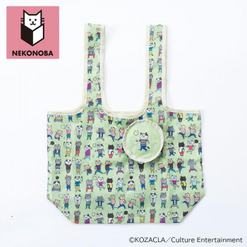 NEKONOBA　コンパクトに収納できるエコバッグ ゆかいなネコ(緑)　43×30×マチ15cm