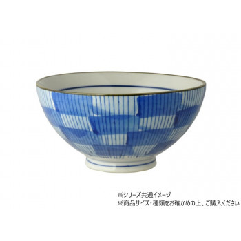 刷毛格子　飯碗 (大) 青 704722