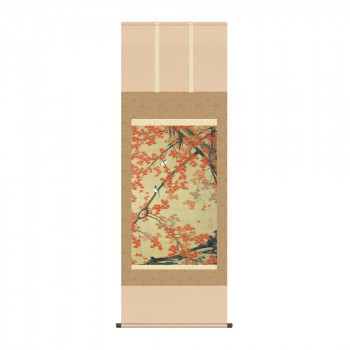 掛軸 伊藤若冲紅葉小禽図 54.5×153cm KZ2G9-035