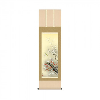 掛軸 田村竹世 紅白梅に鶯 44.5×164cm KZ2MA2-049