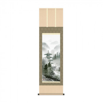 掛軸 鈴村秀山水墨塔景 44.5×164cm KZ2MB7-003