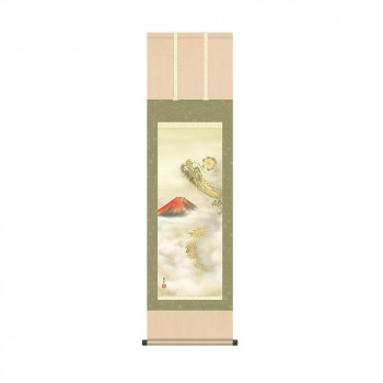 掛軸 石田芳園 赤富士昇龍図 44.5×164cm KZ2MD2-032