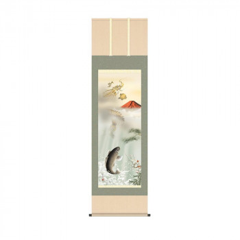 掛軸 石田芳園 紅峰登龍門之図 54.5×190cm KZ2D5-096