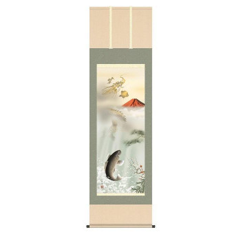 掛軸 石田芳園 紅峰登龍門之図 44.5×164cm KZ2MD5-096