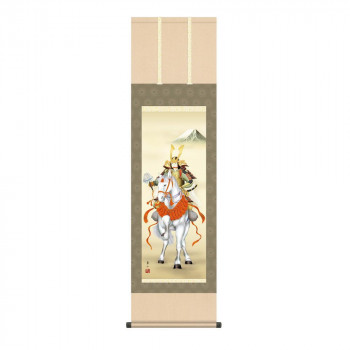 掛軸 榎本東山 白馬武者 44.5×164cm KZ2MF2-073