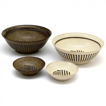 三郷陶器 縞臼文 小皿付ペア鉢セット 6830-03