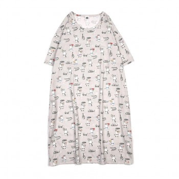 クスグルジャパン 天竺ニットのルームウェア ルームワンピースTシャツ ネコまるけ柄 グレー 25-8113