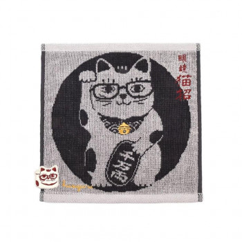 クスグルジャパン ふわふわタオルハンカチ 猫招き柄 グレー 25-8123
