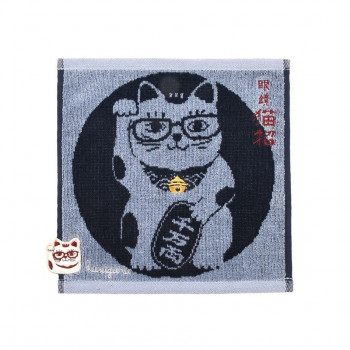 クスグルジャパン ふわふわタオルハンカチ 猫招き柄 ブルー 25-8123