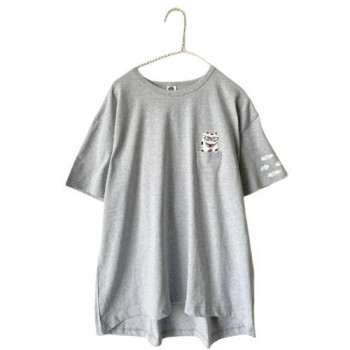 クスグルジャパン 天竺ニット ラフサイズTシャツ 猫まねき柄 杢グレー 24-7130