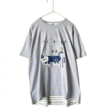 クスグルジャパン 天竺ニット ラフサイズTシャツ マチルダさん柄 杢グレー 24-7131