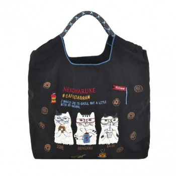 クスグルジャパン 撥水加工 刺繍ワッシャーバッグ Mサイズ ネコまるけ柄 クロ 24-7149
