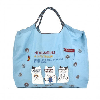 クスグルジャパン 撥水加工 刺繍ワッシャーバッグ Lサイズ ネコまるけ柄 ブルー 24-7153