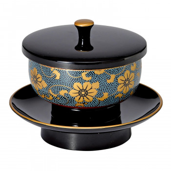 穴あき茶托セット 九谷焼茶碗付 4.2寸 黒(フチ金)/青粒鉄仙 531142027w091