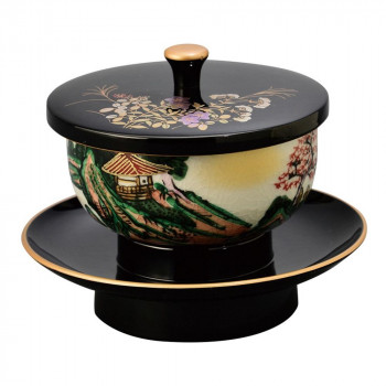 鉄仙穴あき茶托セット 九谷焼茶碗付 黒(フチ金)/山水 5323420261091