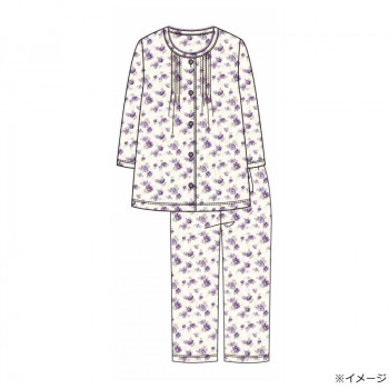ギャルソンヌ　レディスパジャマ　ブライトドットライン　花柄　ピンタック前開き　7分袖　パープル　161666　Lサイズ