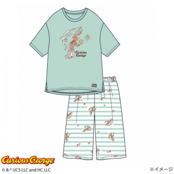 ギャルソンヌ　レディスパジャマ　おさるのジョージ　天竺　半袖・ハーフパンツTスーツ　グリーン　170056　Lサイズ