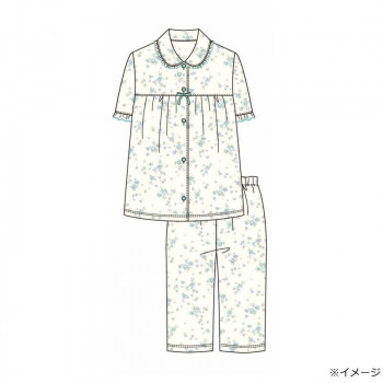 ギャルソンヌ　レディスパジャマ　梨地ジャガード　ガーデンフラワー柄　胸切替　5分袖シャツ　グリーン　171066　Lサイズ
