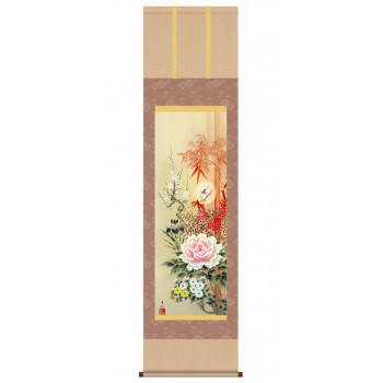 緒方葉水　開運掛軸(尺五)　「四季花吉祥競艶図」 化粧箱入り　D5-022